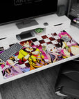 Sora and Shiro posing with playing cards on checkerboard anime desk pad 40x20 inches.