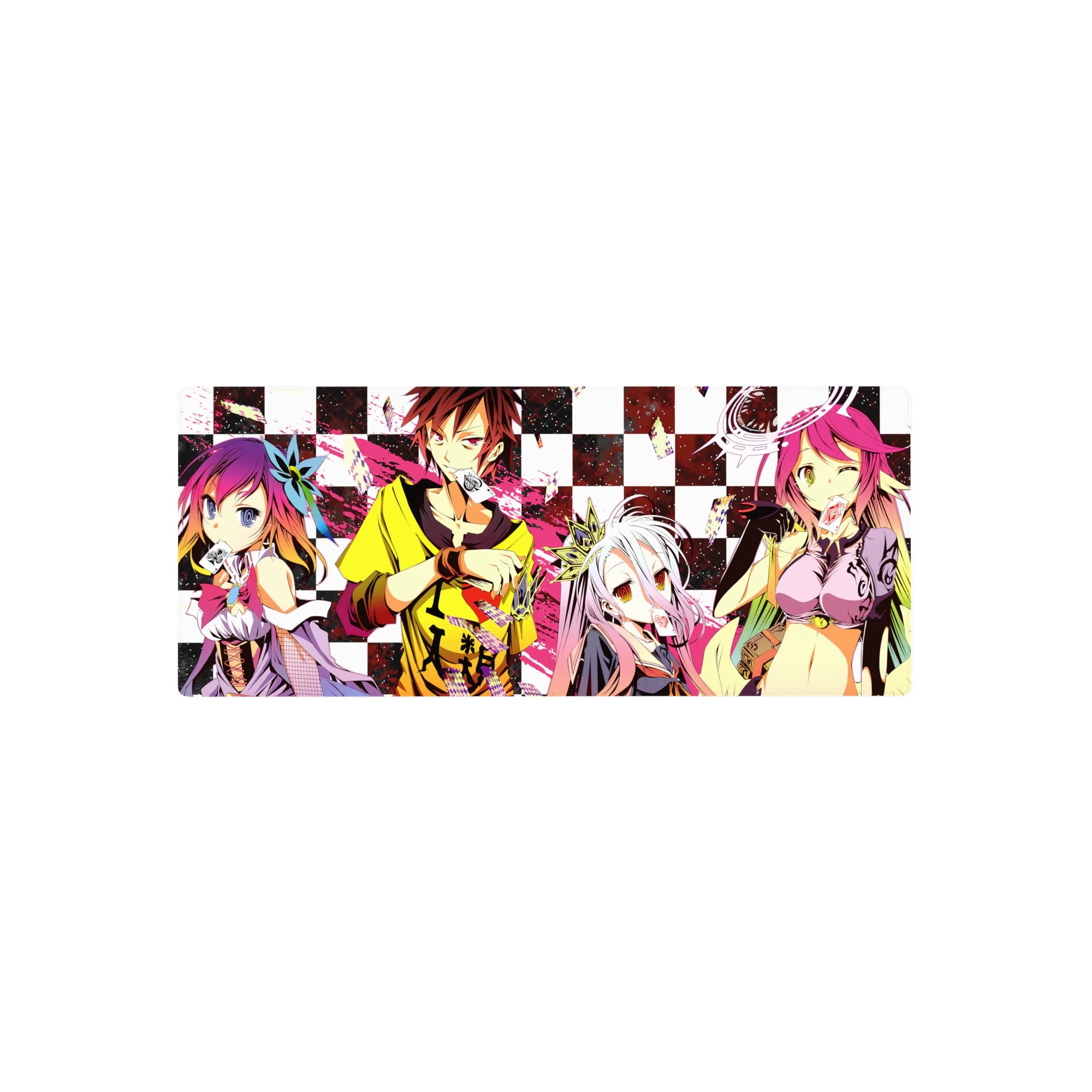 No Game No Life anime mouse pad 28x12 inches with checkerboard background and playing card crew art.