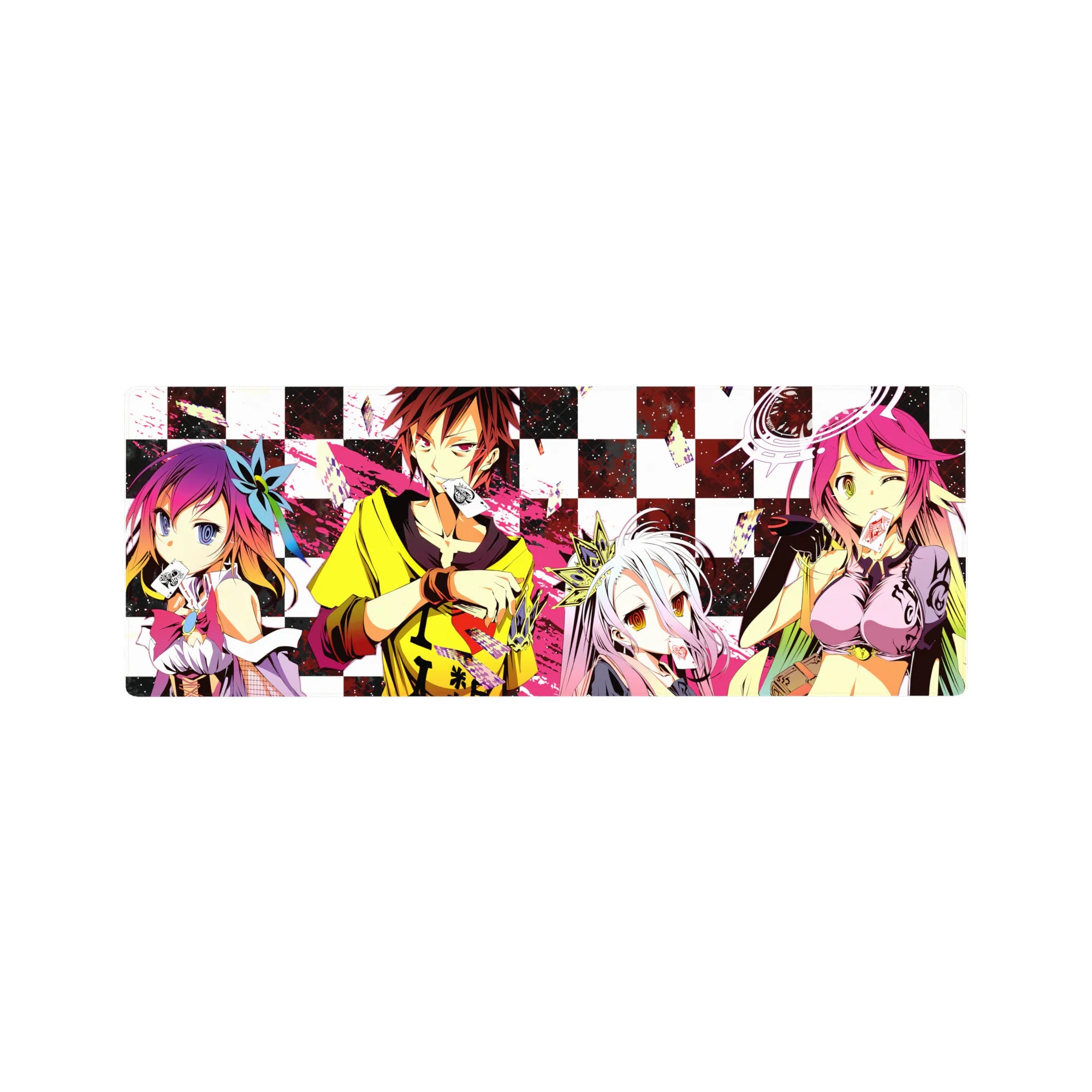 No Game No Life anime mouse pad 32x12 inches with checkerboard background and card-playing crew art.