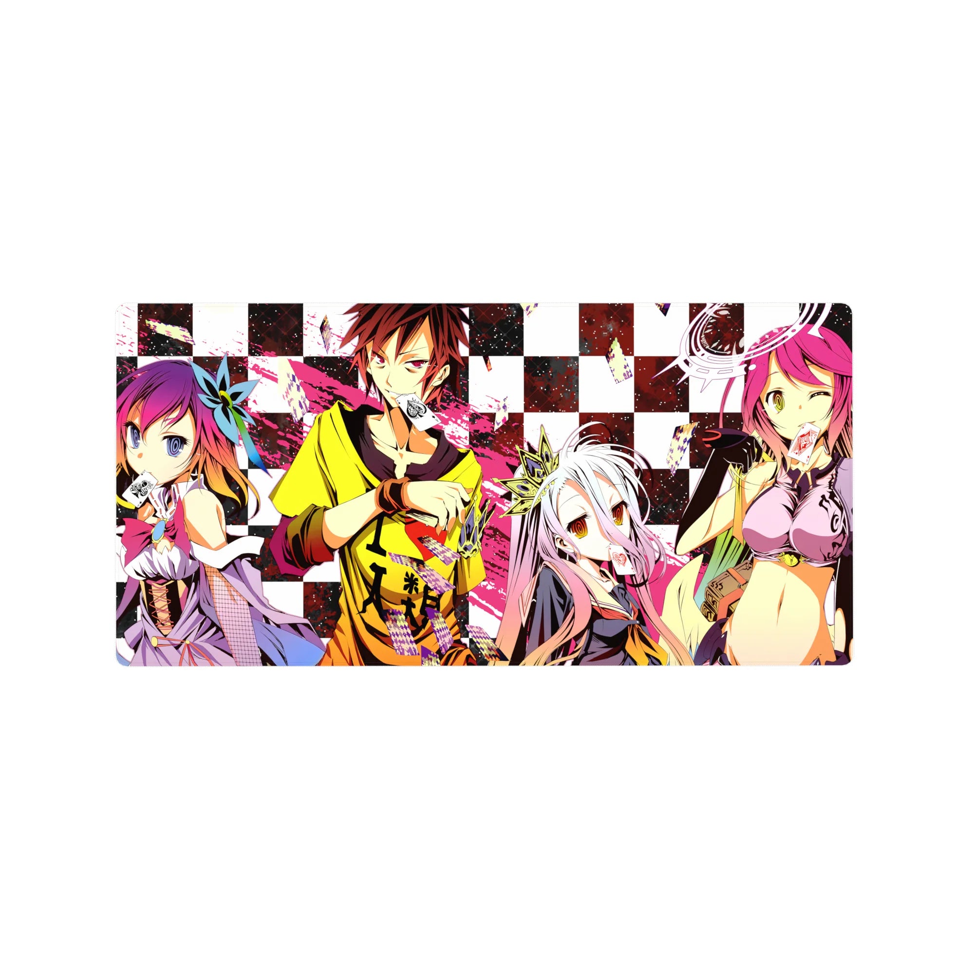 No Game No Life anime mouse pad 32x16 inches with checkerboard background and playing card crew art.