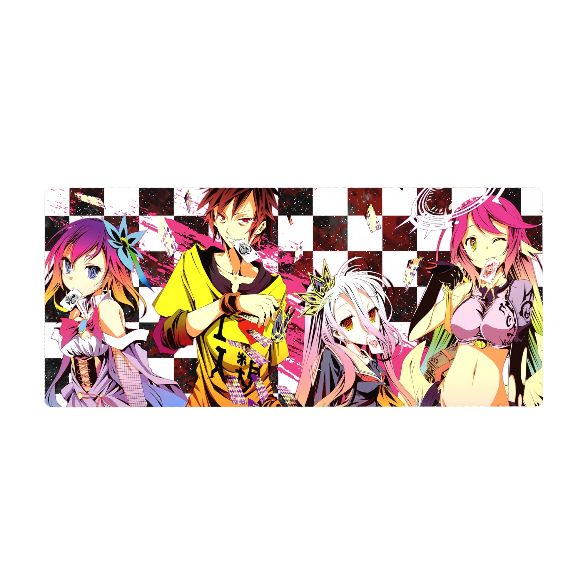 No Game No Life anime desk pad 36x16 inches with checkerboard background and card-playing crew art.