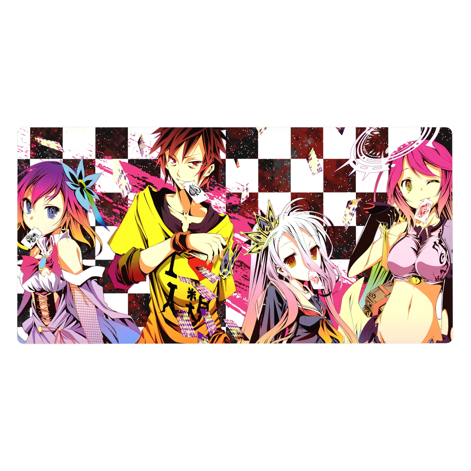 No Game No Life anime desk pad 40x20 inches with checkerboard and playing card crew artwork.