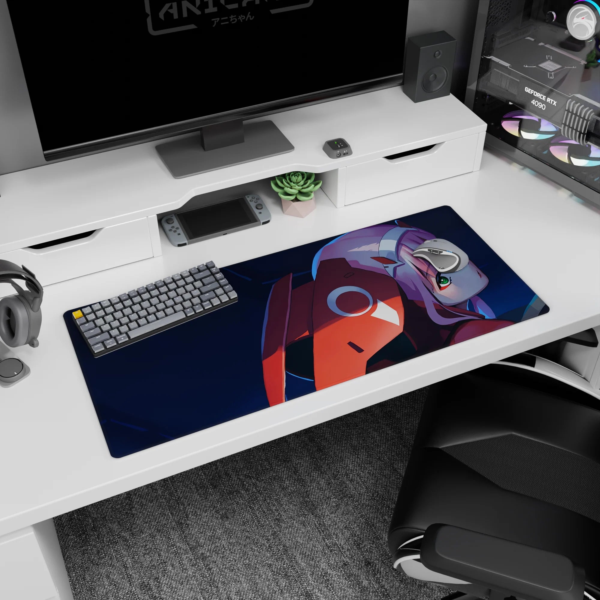 Bold 36x16 anime desk mat with fiery reds, deep blues, and Zero Two’s piercing green eyes for an intense vibe