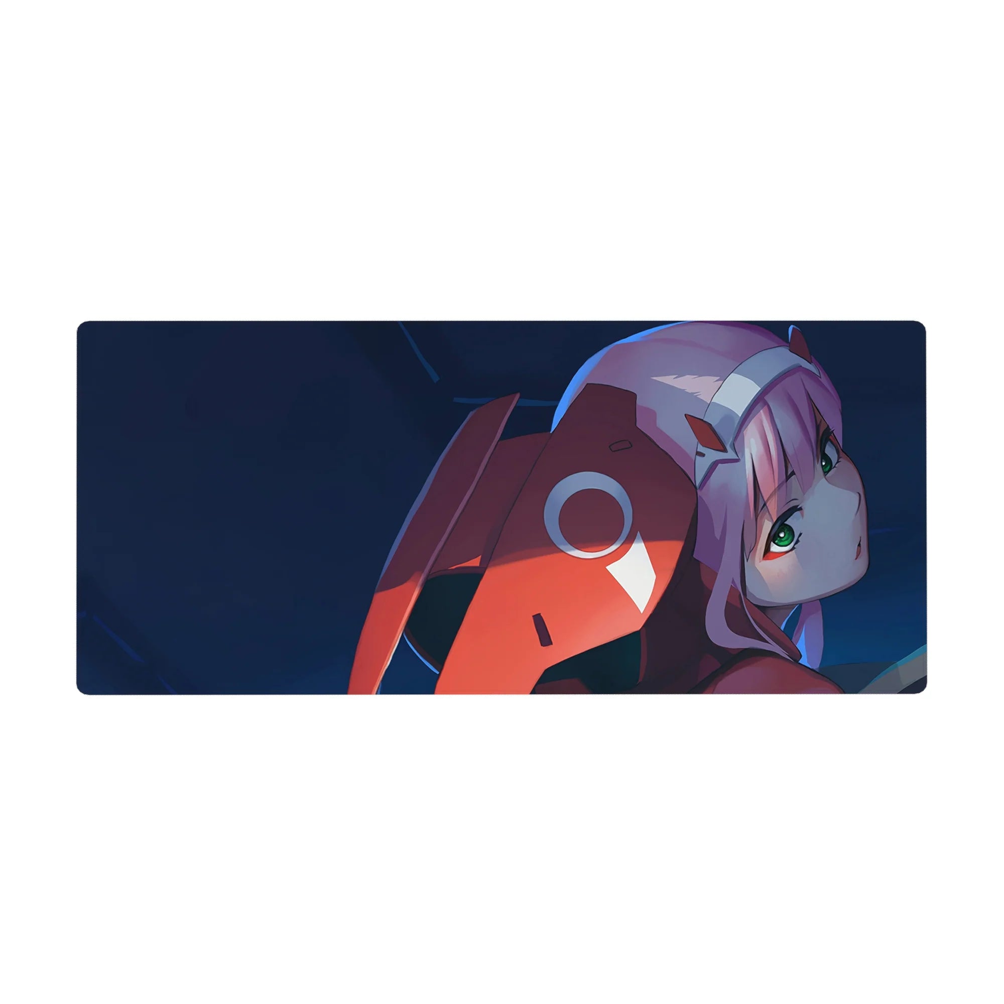 Zero Two 36x16 desk pad with deep blues, fiery reds, and piercing green eyes for bold, intense anime aesthetic