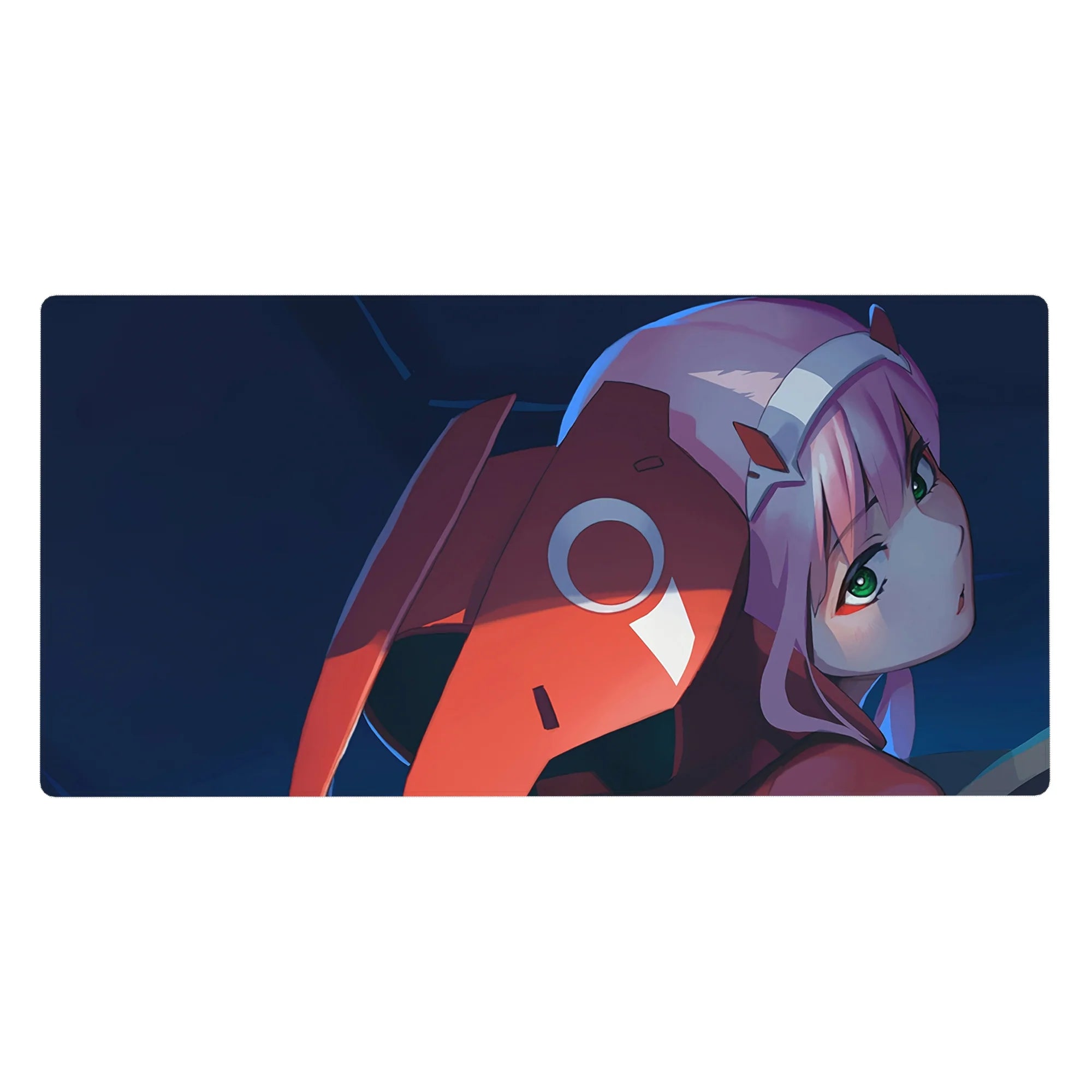 Zero Two 40x20 desk pad featuring deep blues, fiery reds, and piercing green eyes for intense anime style