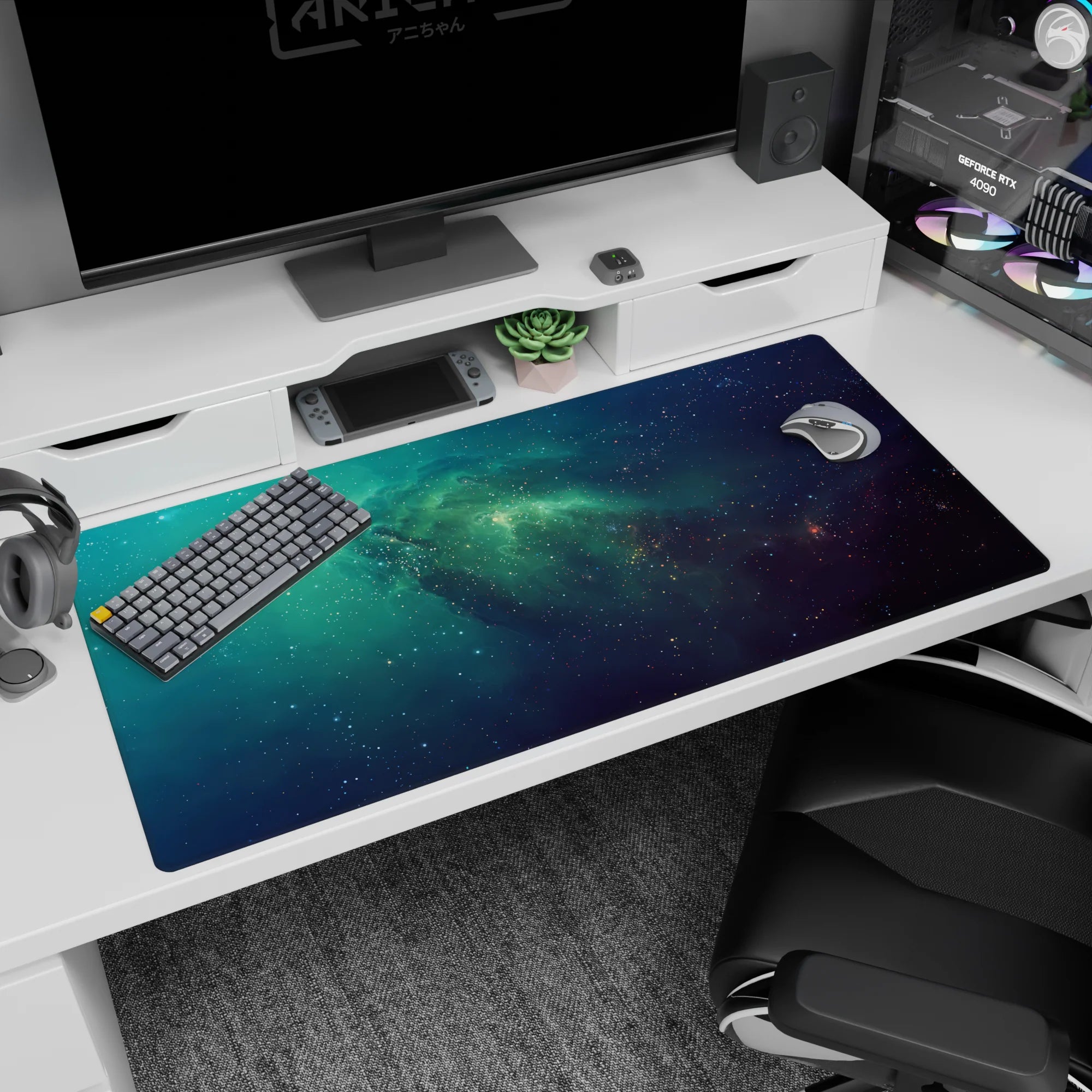 Starry space scene desk pad, 40x20 inches, with swirling nebula clouds and tiny speckled stars.