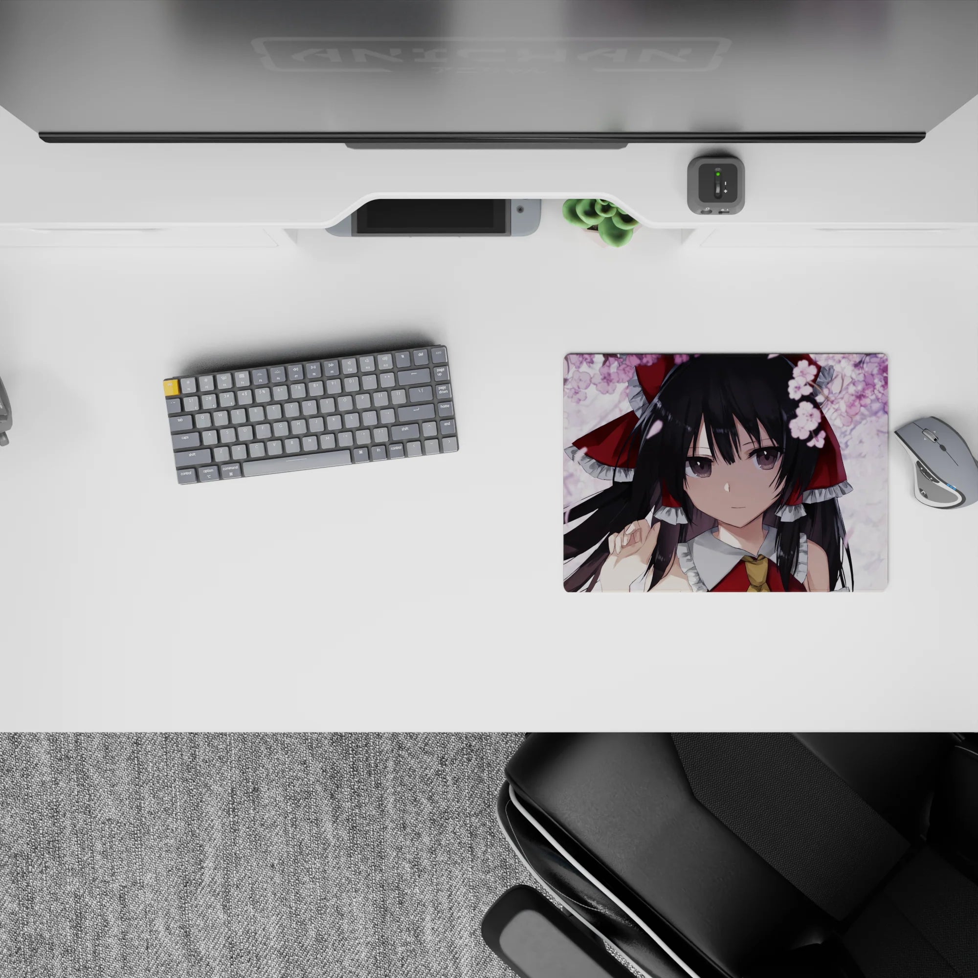 Soft pink sakura on cloudy white 14x10 inches anime mouse pad, calm romantic vibe, smooth tracking.