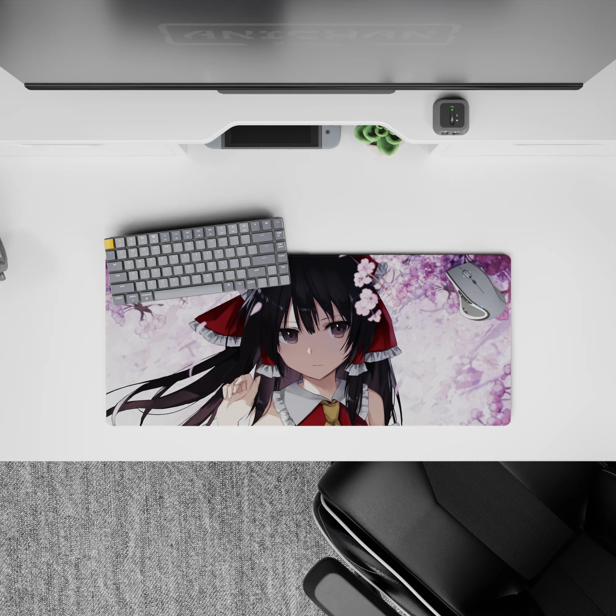 28x12 inches desk mouse pad in soft pink and white, cozy romantic vibe with bold red ribbon accents.