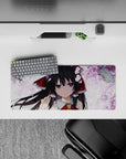 28x12 inches desk mouse pad in soft pink and white, cozy romantic vibe with bold red ribbon accents.