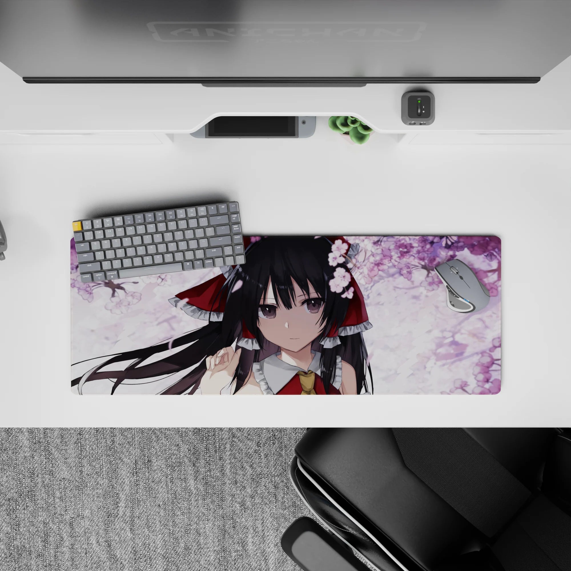 32x12 inches extended mouse pad in soft pink sakura tones on white, calm cute anime desk aesthetic.