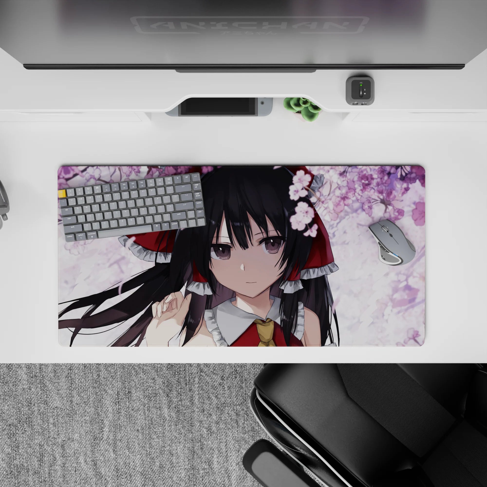 32x16 inches pastel pink cherry blossom mouse pad, calm shrine maiden vibe on a soft white sky.