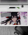 32x16 inches pastel pink cherry blossom mouse pad, calm shrine maiden vibe on a soft white sky.