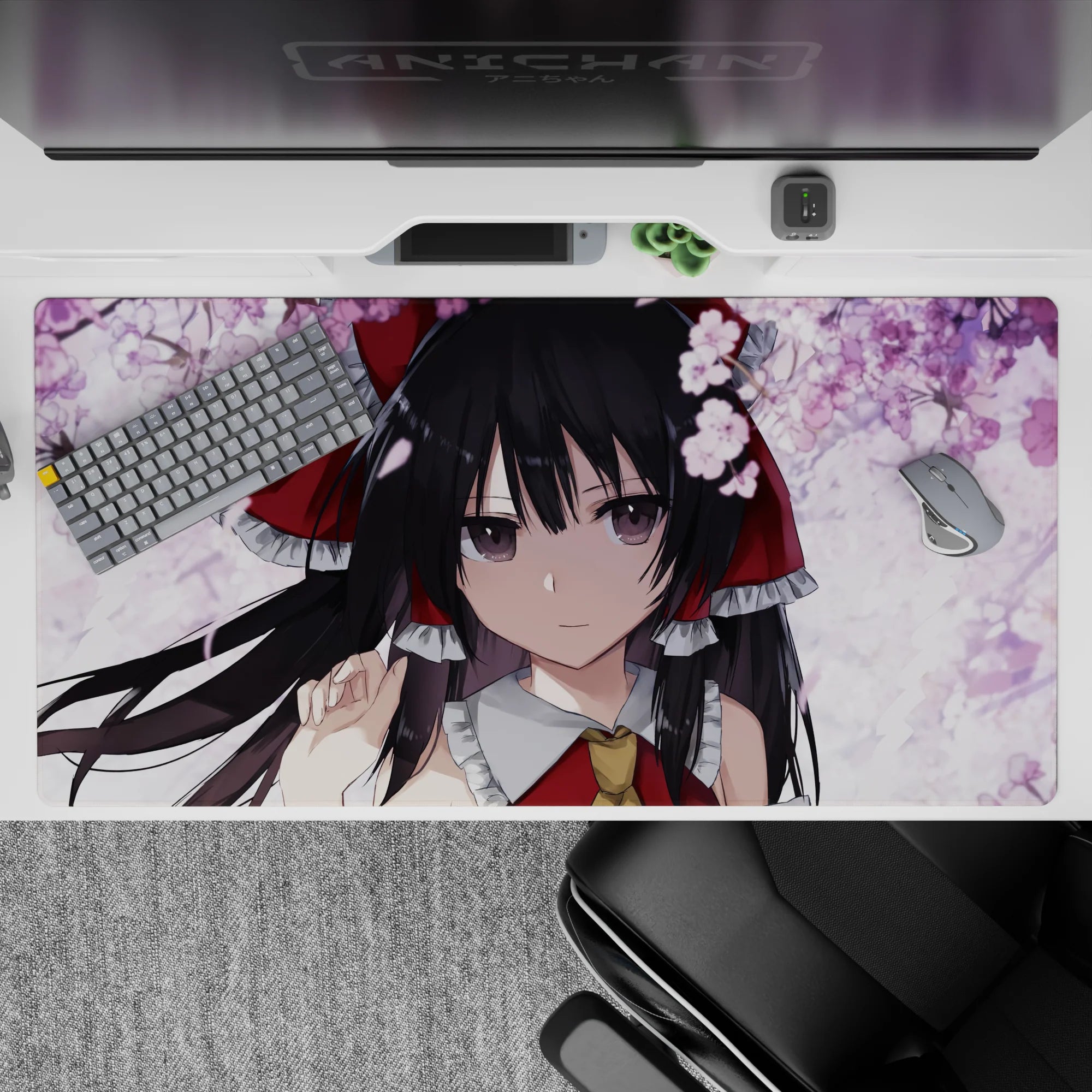 40x20 inches pink sakura petal desk pad, soft romantic mood on white clouds with cute red accents.