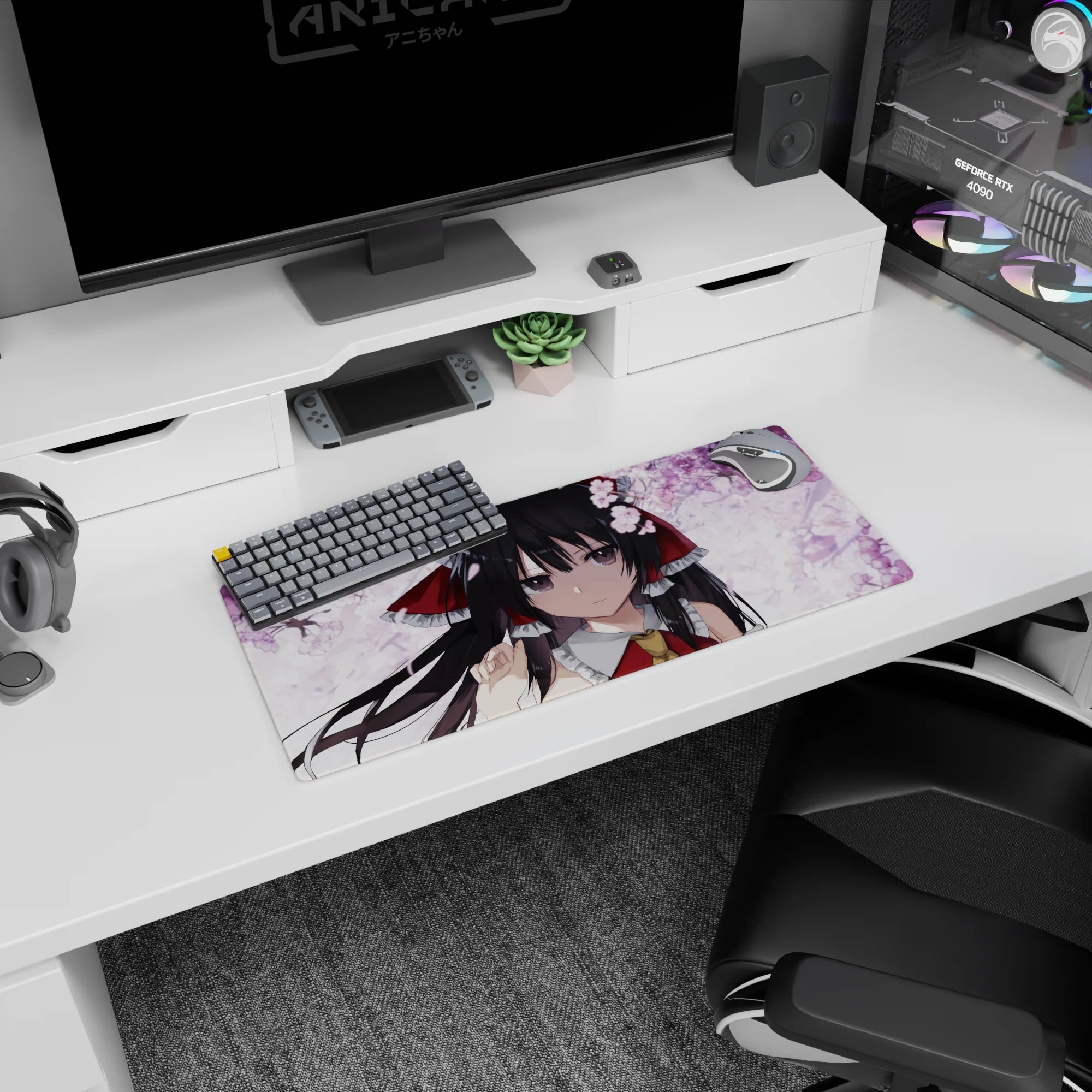 28x12 inches Reimu Hakurei mouse pad, Touhou shrine maiden under drifting sakura petals, looking back.