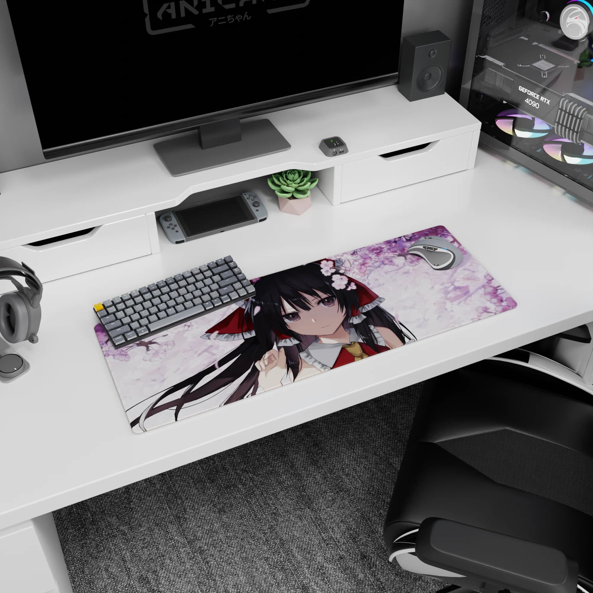 32x12 inches Reimu Hakurei mouse pad under drifting cherry blossoms, black hair and big red bow.