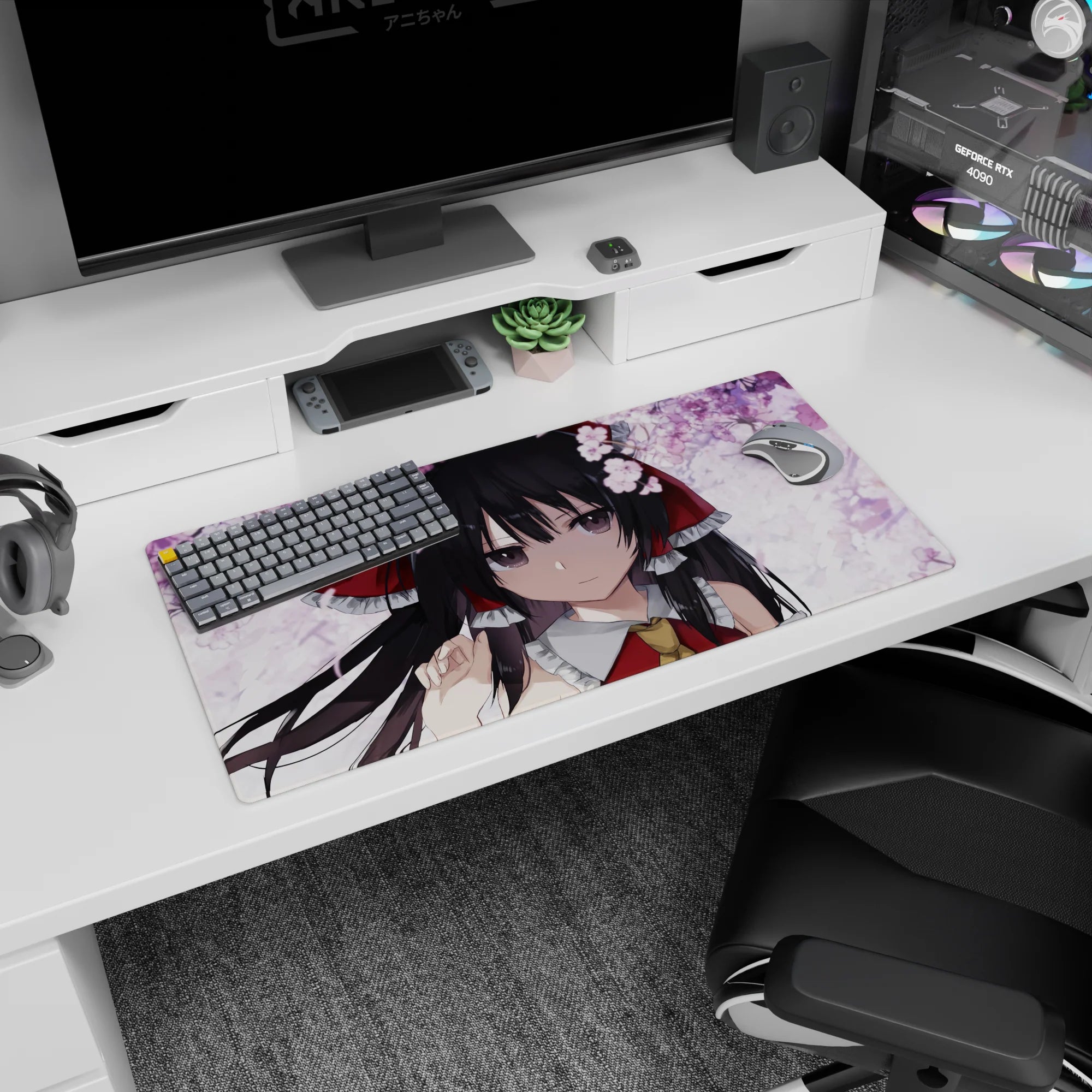 32x16 inches Reimu Hakurei Touhou Project mouse pad under drifting sakura, gazing back with a big red bow.
