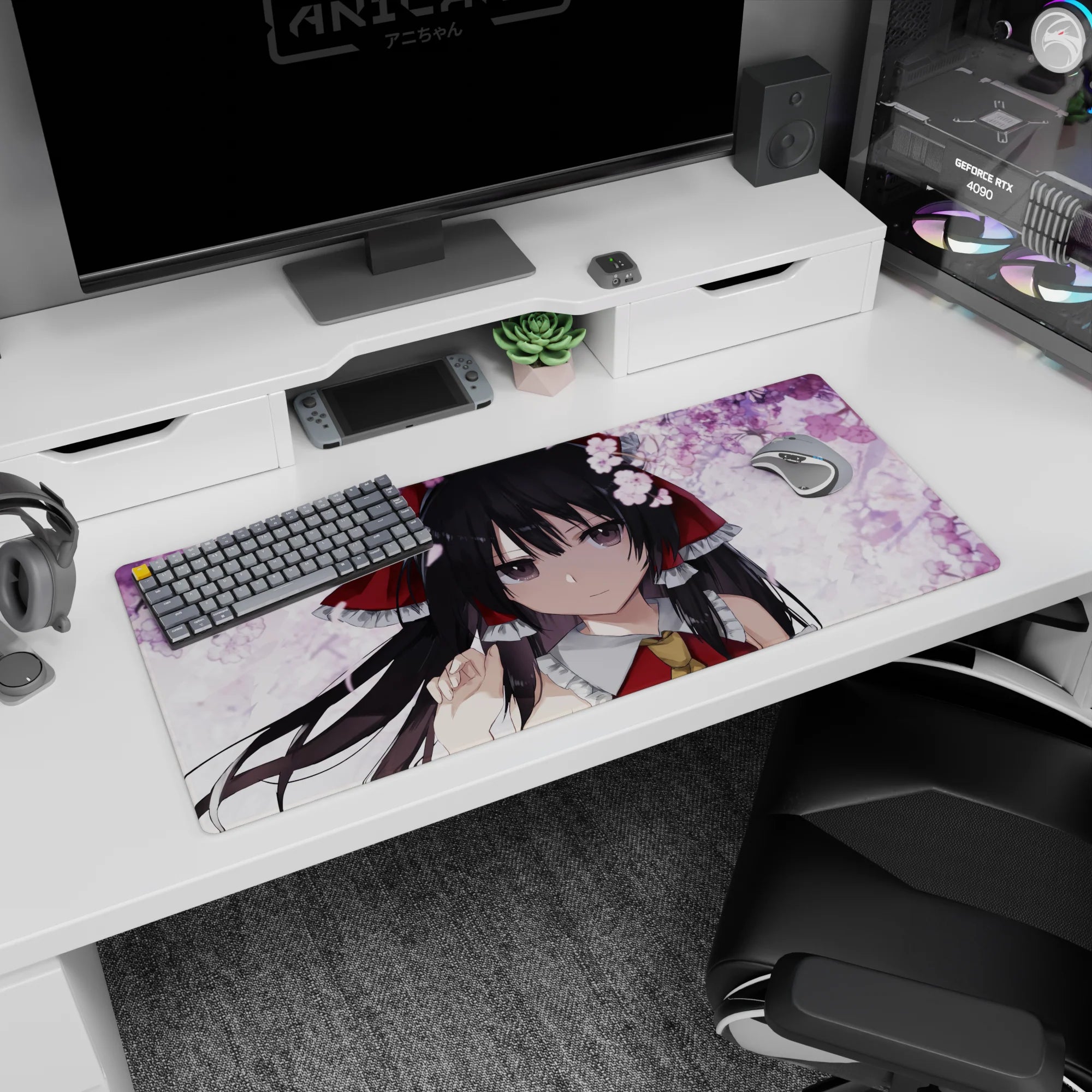 36x16 inches Reimu Hakurei desk pad, shrine maiden under drifting cherry blossoms, looking back with a seat saved.