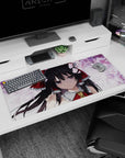 36x16 inches Reimu Hakurei desk pad, shrine maiden under drifting cherry blossoms, looking back with a seat saved.