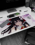 40x20 inches Reimu Hakurei desk pad under drifting cherry blossoms, black hair and big red bow.
