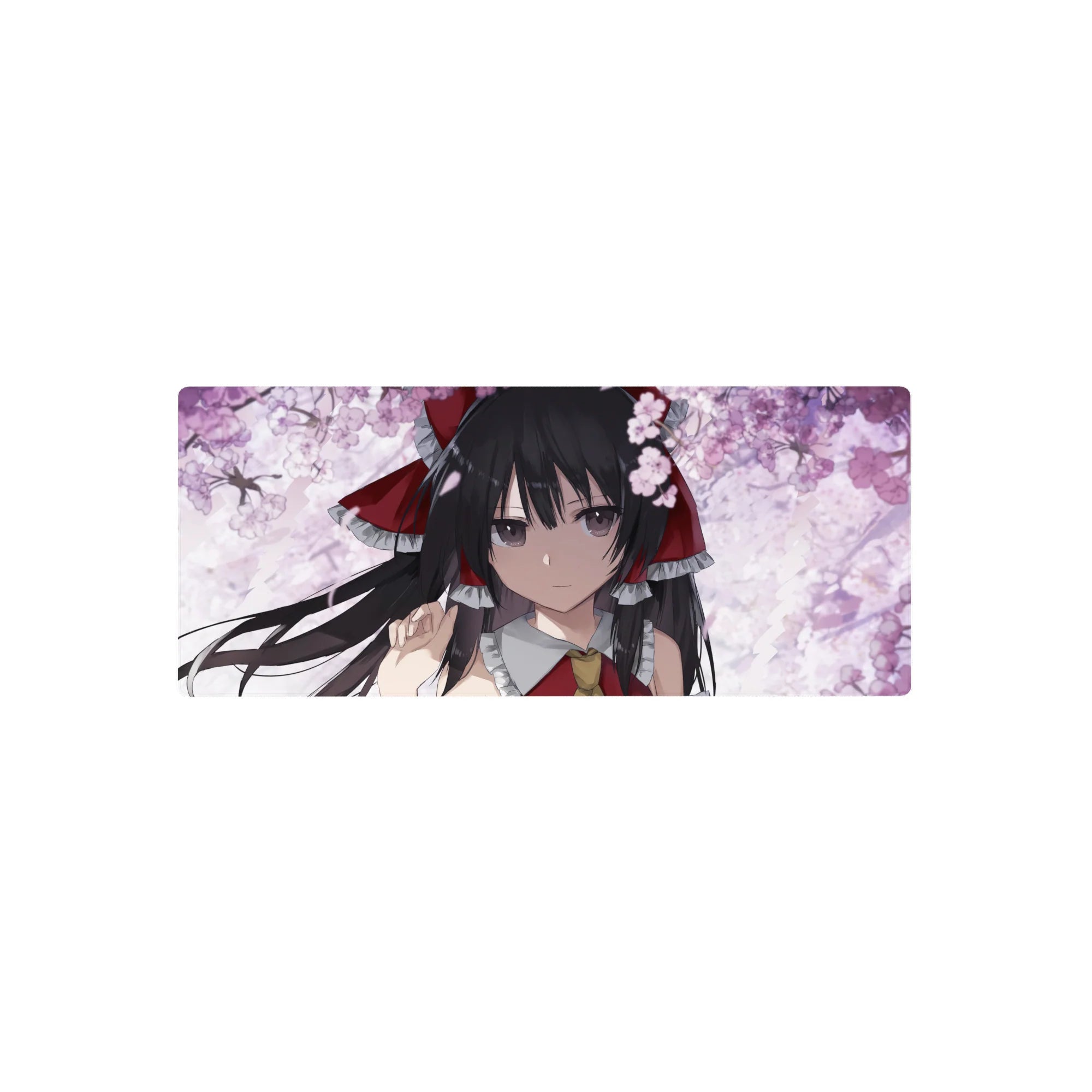 28x12 inches anime girl mouse pad with sakura petals, shrine maiden art on cloudy white background.