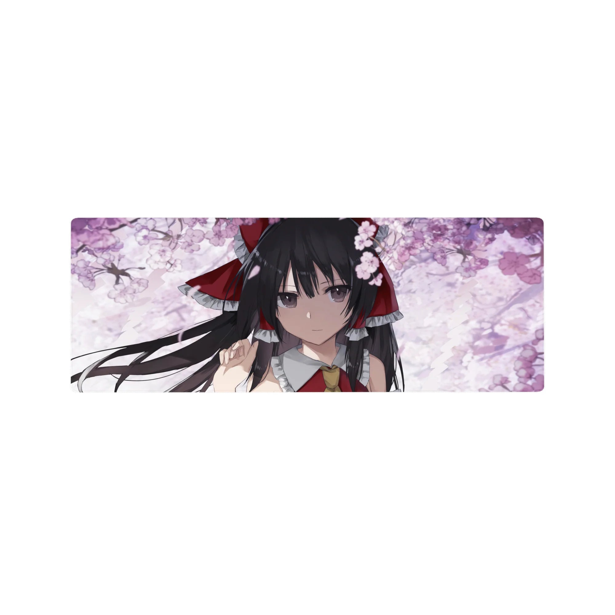 32x12 inches anime girl mouse pad with sakura petals on cloudy white, red ribbon shrine maiden art.
