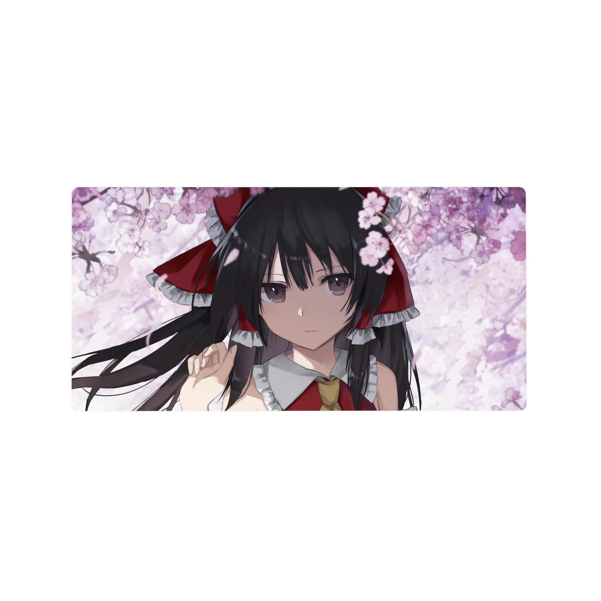 32x16 inches anime girl mouse pad with sakura petals, cloudy white background, and red ribbon detail.
