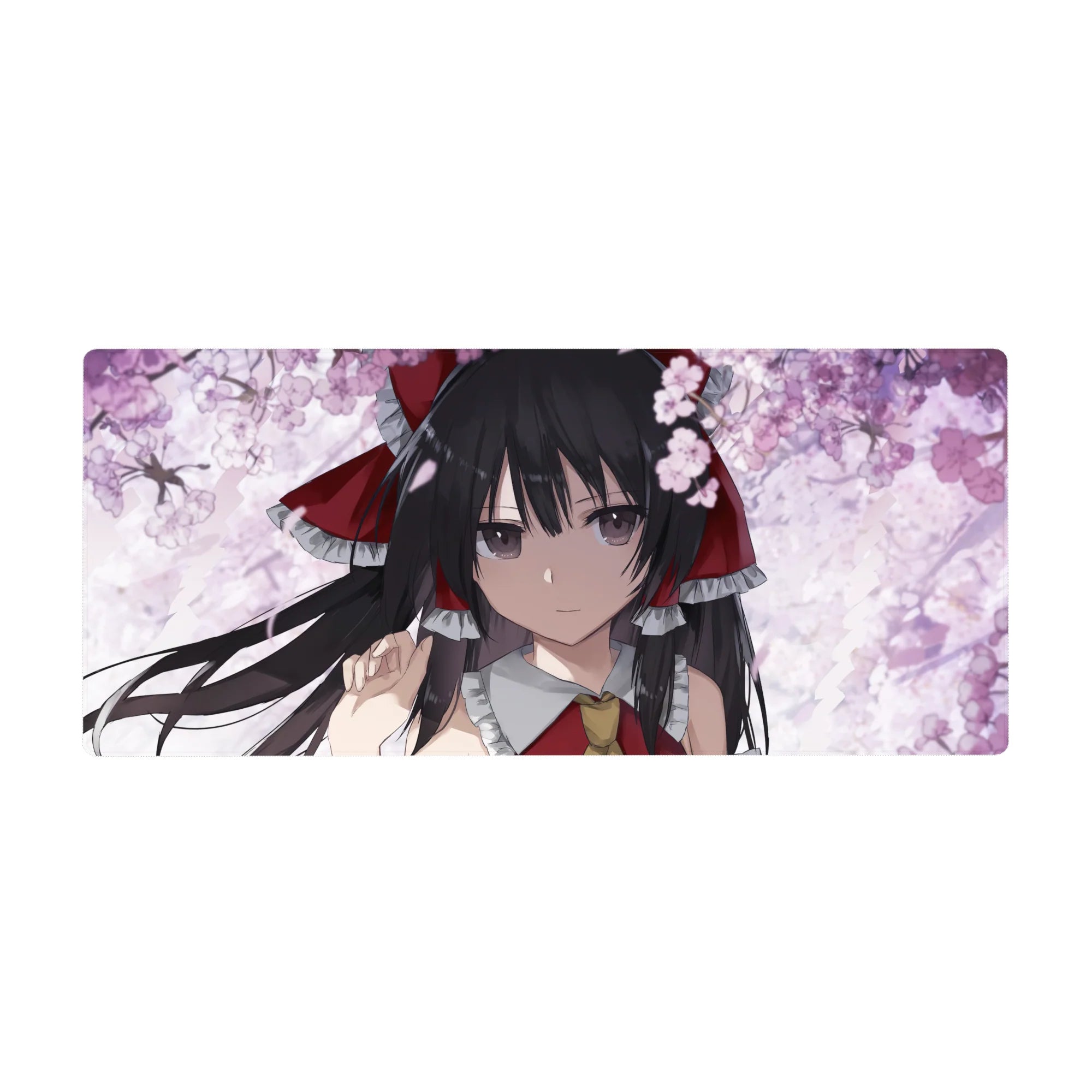 36x16 inches anime girl desk pad with sakura petals, cloudy white background, red ribbon shrine maiden.