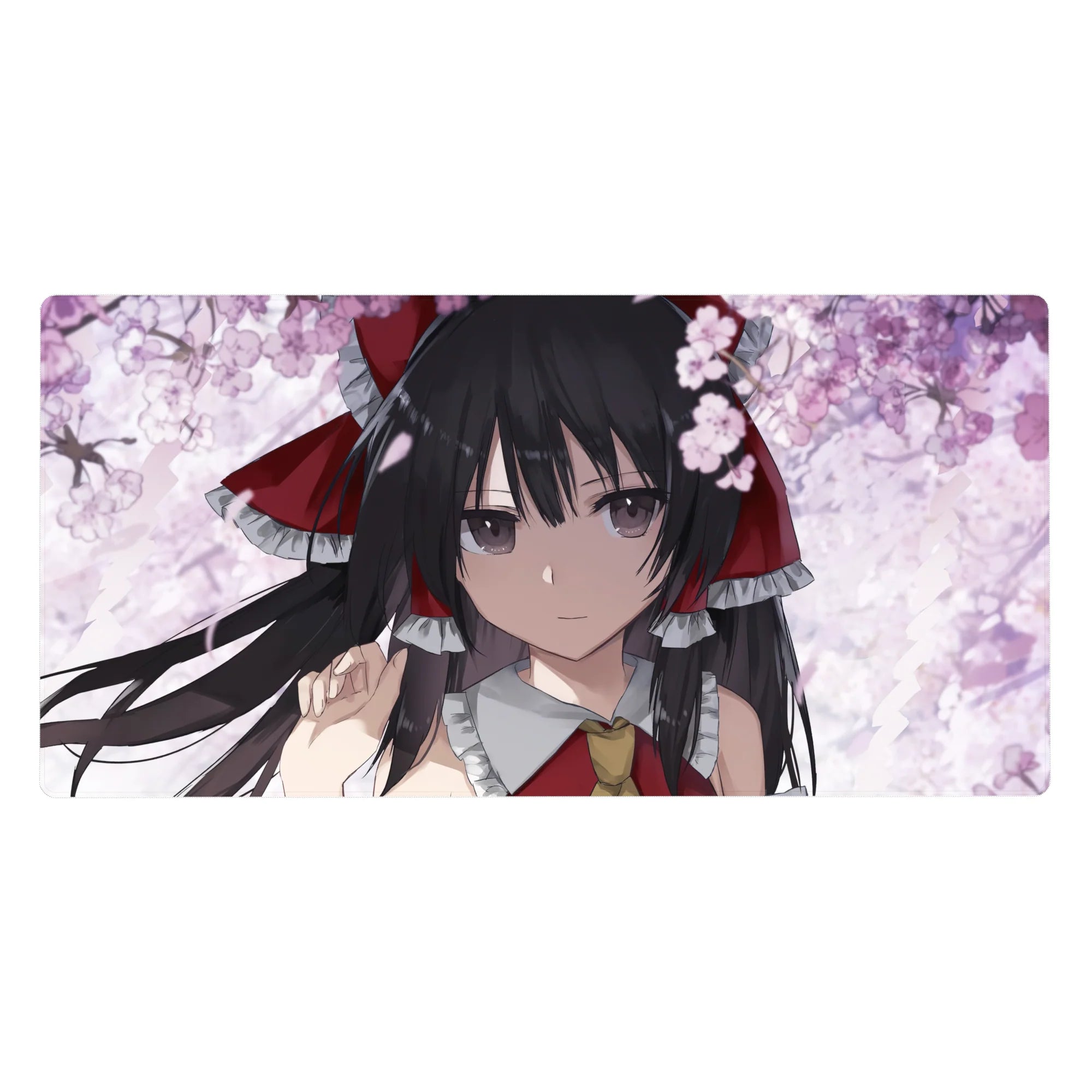 40x20 inches anime girl desk pad with sakura petals, cloudy white backdrop, and bold red ribbon detail.