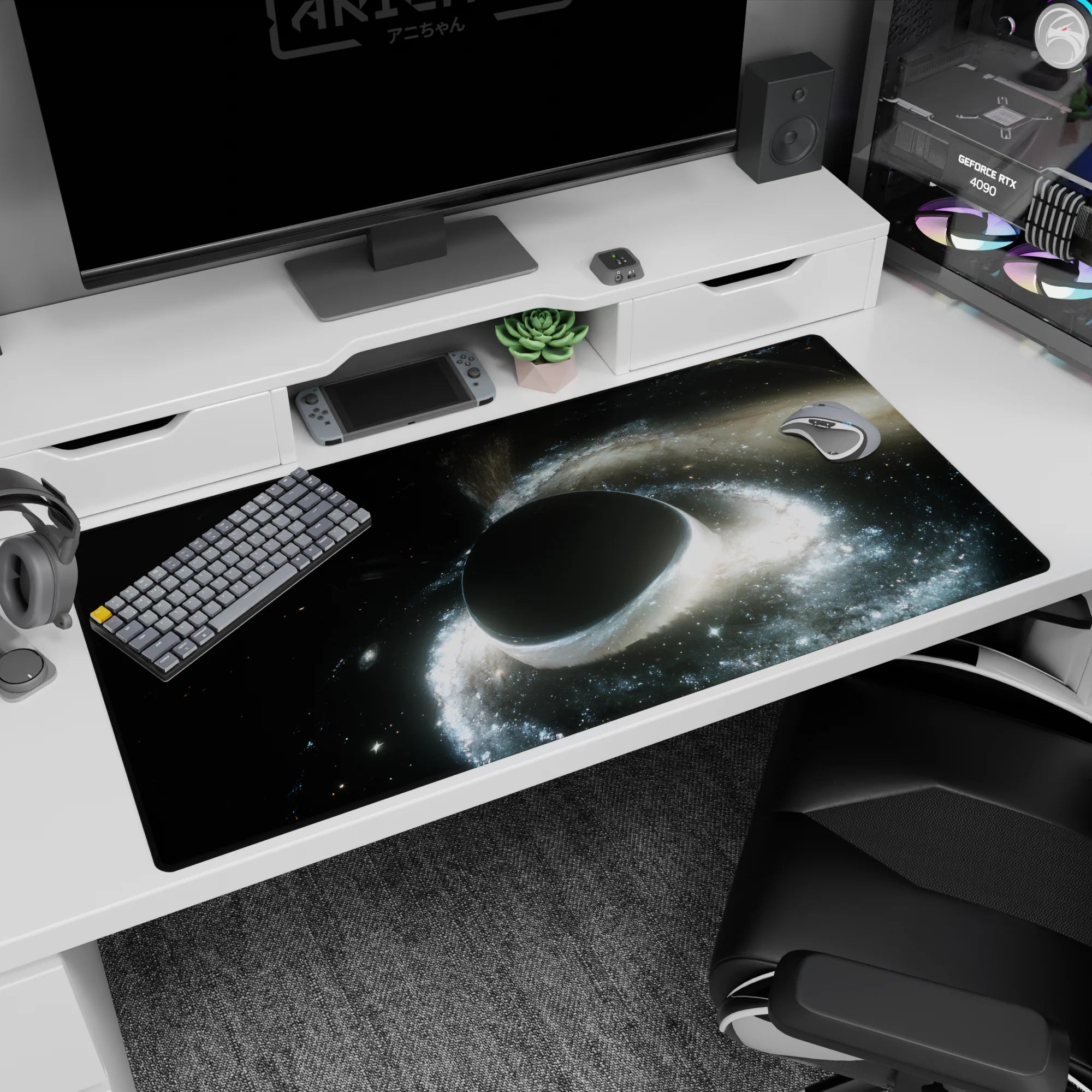 Dark planet floating in a nebula desk pad 40x20 inches with scattered tiny stars.