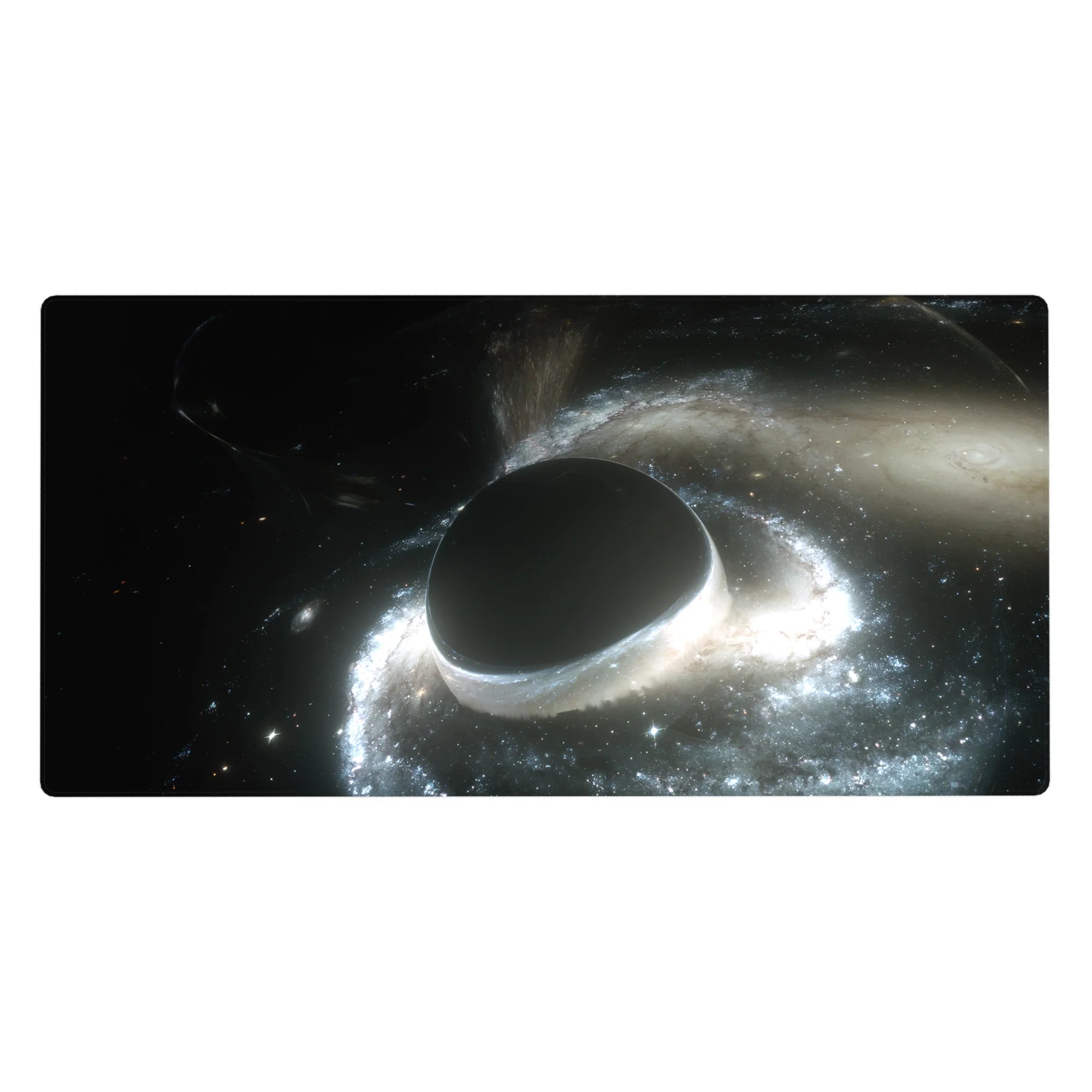 Space nebula and starfield desk pad 40x20 inches with a dark planet center design.