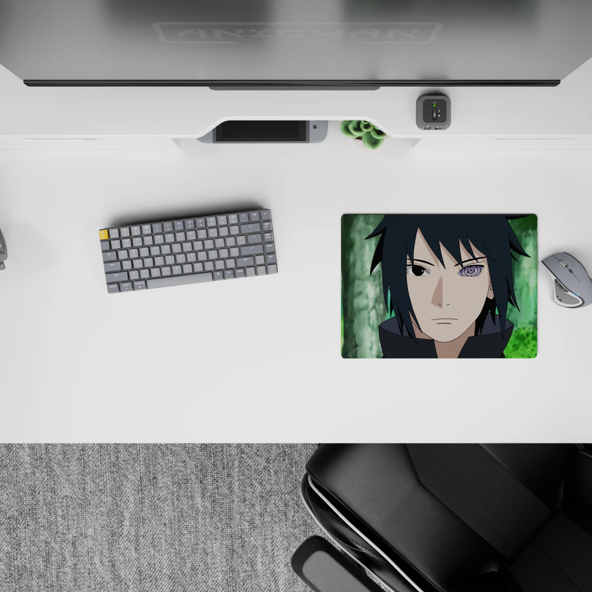 Forest-green backdrop anime mouse pad 14x10 inches with calm, dangerous vibe and glowing purple eye.