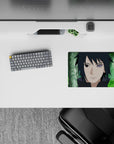 Forest-green backdrop anime mouse pad 14x10 inches with calm, dangerous vibe and glowing purple eye.