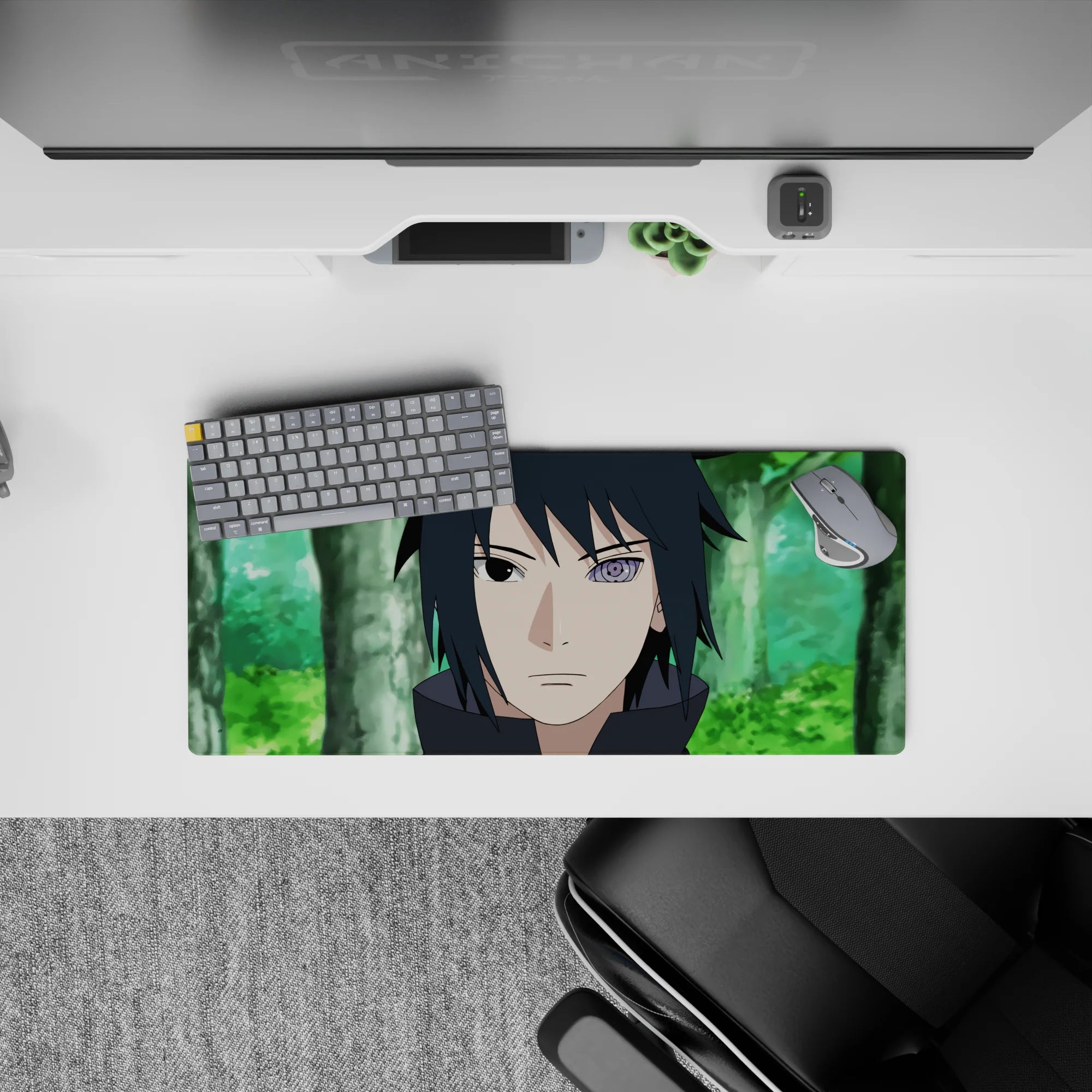 28x12 inches anime mouse pad in soft forest greens with a cool violet Rinnegan glow, calm dark vibe.