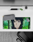 28x12 inches anime mouse pad in soft forest greens with a cool violet Rinnegan glow, calm dark vibe.