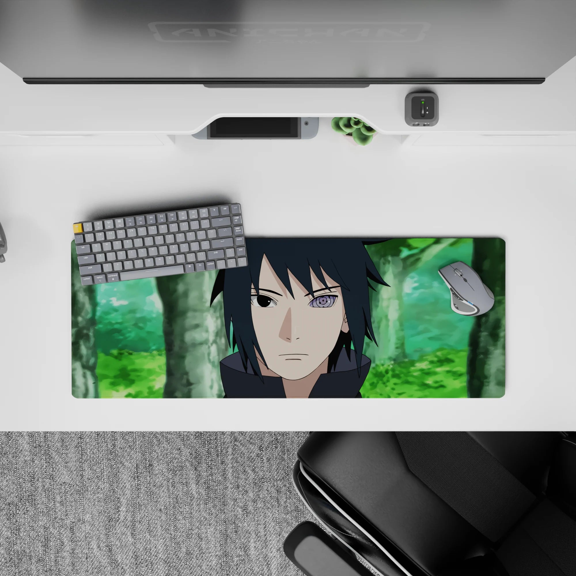 32x12 inches anime mouse pad in soft forest greens with cool violet Rinnegan glow, calm dark mood.