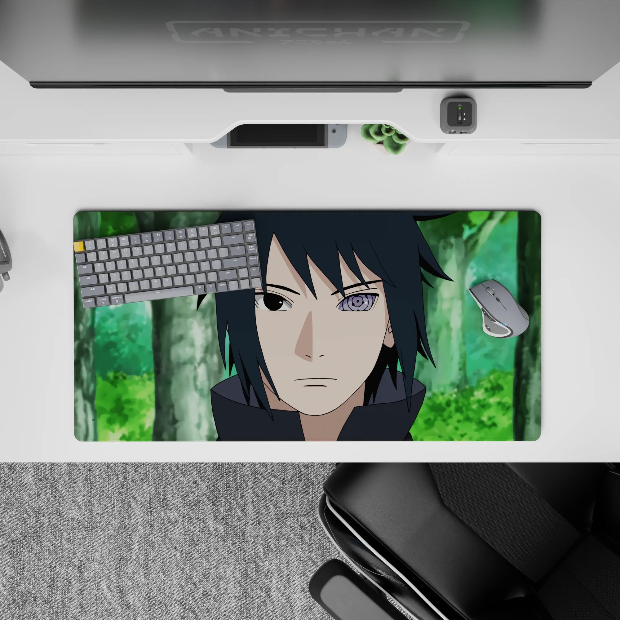 32x16 inches anime mouse pad with soft forest greens, dark tones, and a vivid violet Rinnegan glow.