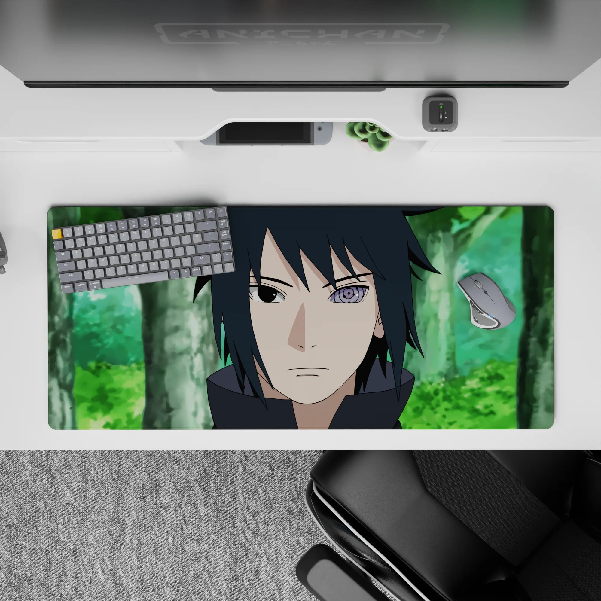 36x16 inches anime desk pad in soft forest greens with a calm, dangerous vibe and a violet eye pop.