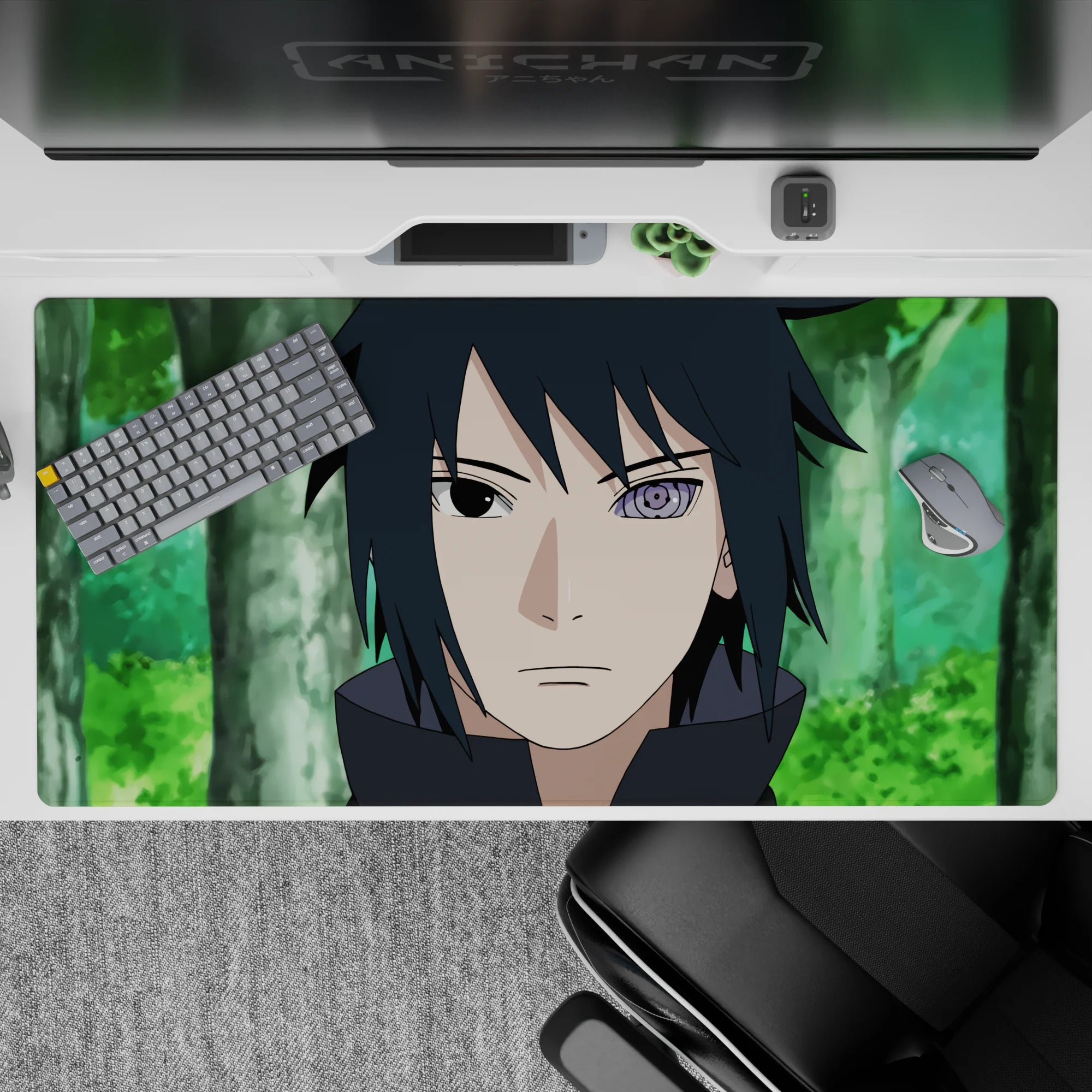 40x20 inches anime mouse pad in soft forest greens with a cool violet eye glow, calm dark mood.