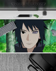 40x20 inches anime mouse pad in soft forest greens with a cool violet eye glow, calm dark mood.