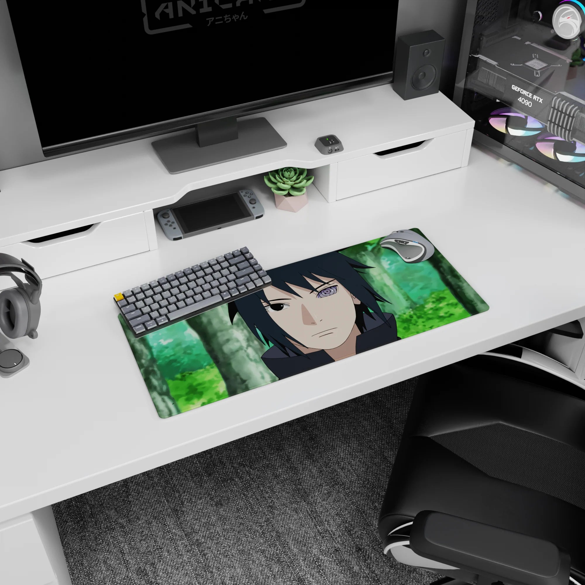 28x12 inches anime mouse pad showing Sasuke Uchiha staring forward, dark hair framing a shining Rinnegan.