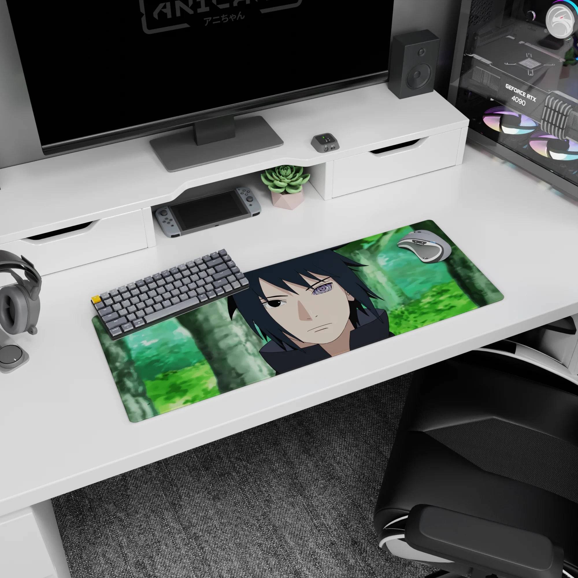 32x12 inches anime mouse pad showing Sasuke Uchiha staring ahead, dark hair sharp, blurred green backdrop.