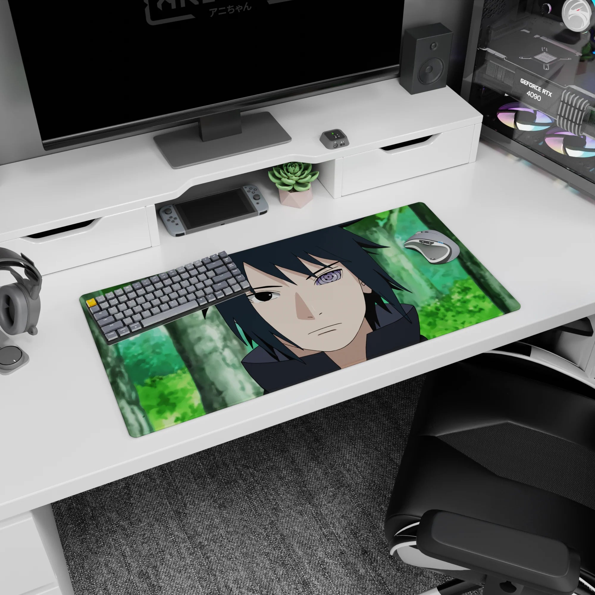 32x16 inches Naruto mouse pad showing Sasuke Uchiha staring forward, dark hair framing his face.