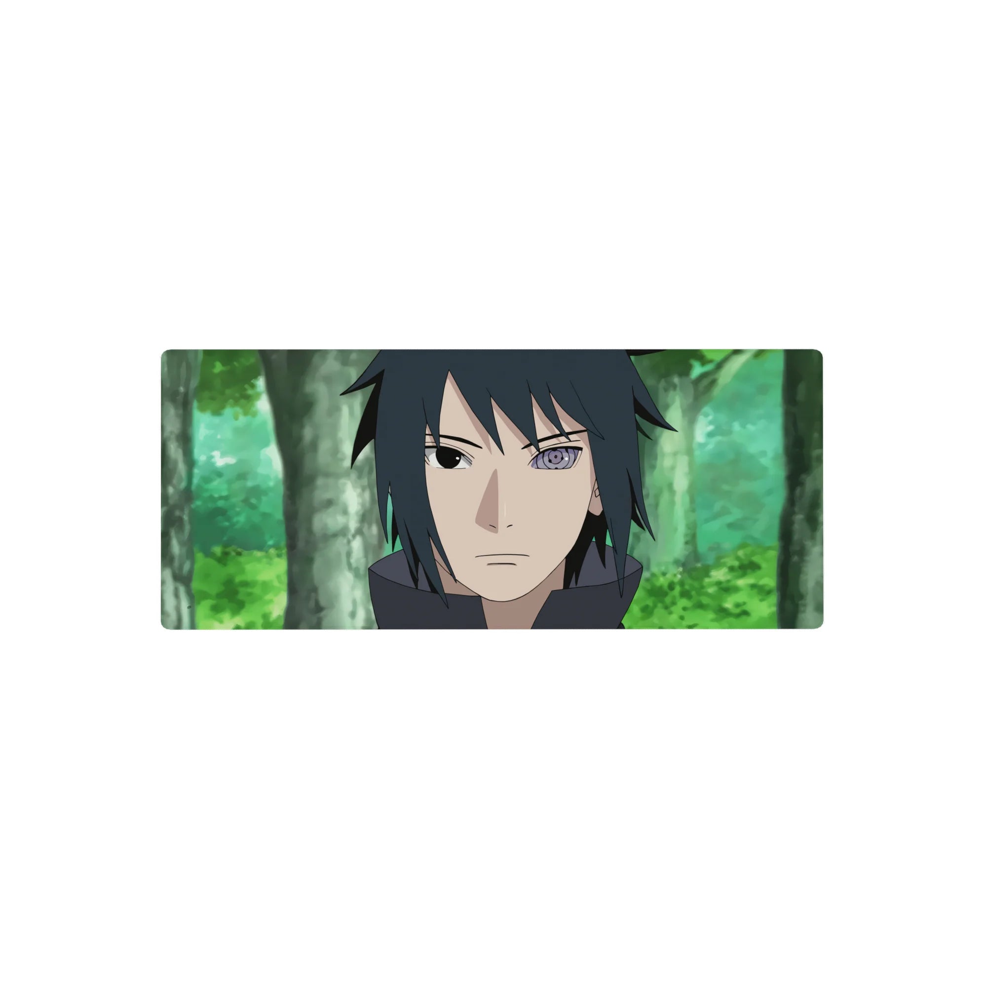 28x12 inches anime mouse pad with Sasuke Uchiha portrait, crisp linework, smooth print for gaming desks.