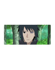 28x12 inches anime mouse pad with Sasuke Uchiha portrait, crisp linework, smooth print for gaming desks.