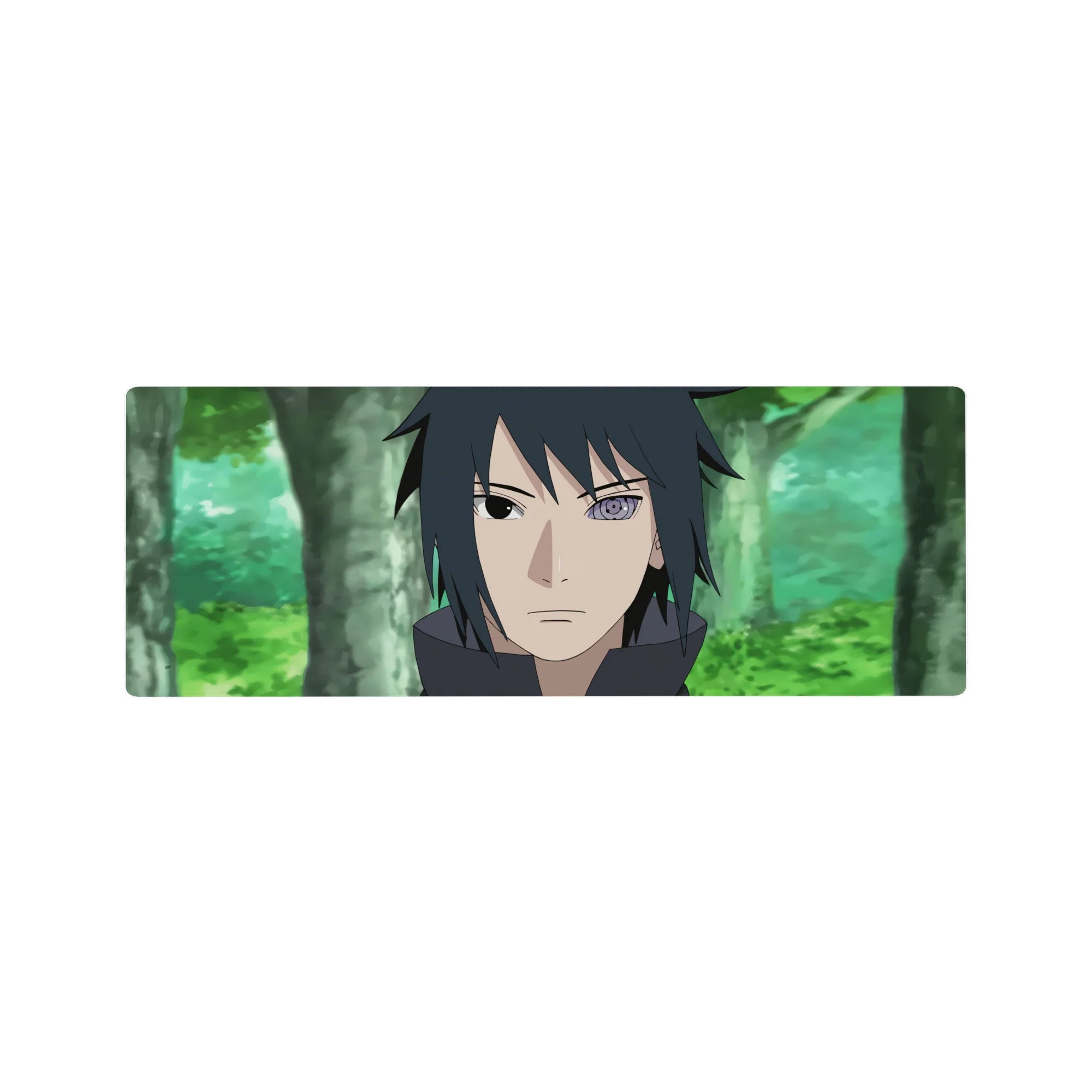 32x12 inches anime mouse pad with Sasuke Uchiha portrait, crisp linework, smooth print, Rinnegan detail.