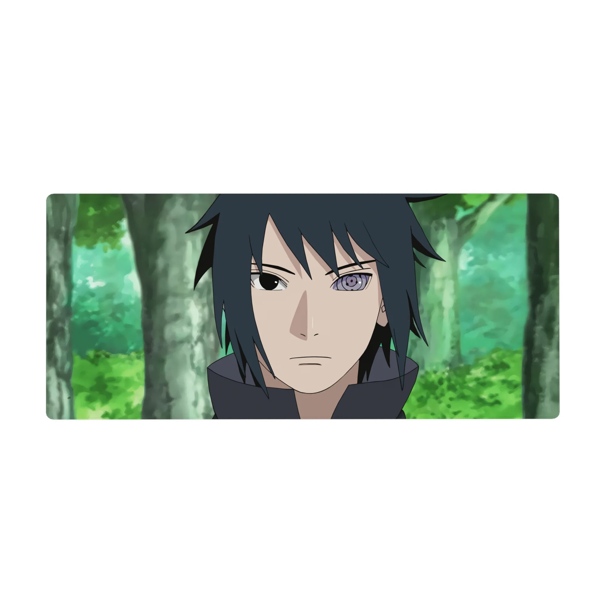 36x16 inches anime desk pad featuring Sasuke Uchiha with sharp linework and vivid Rinnegan eye.
