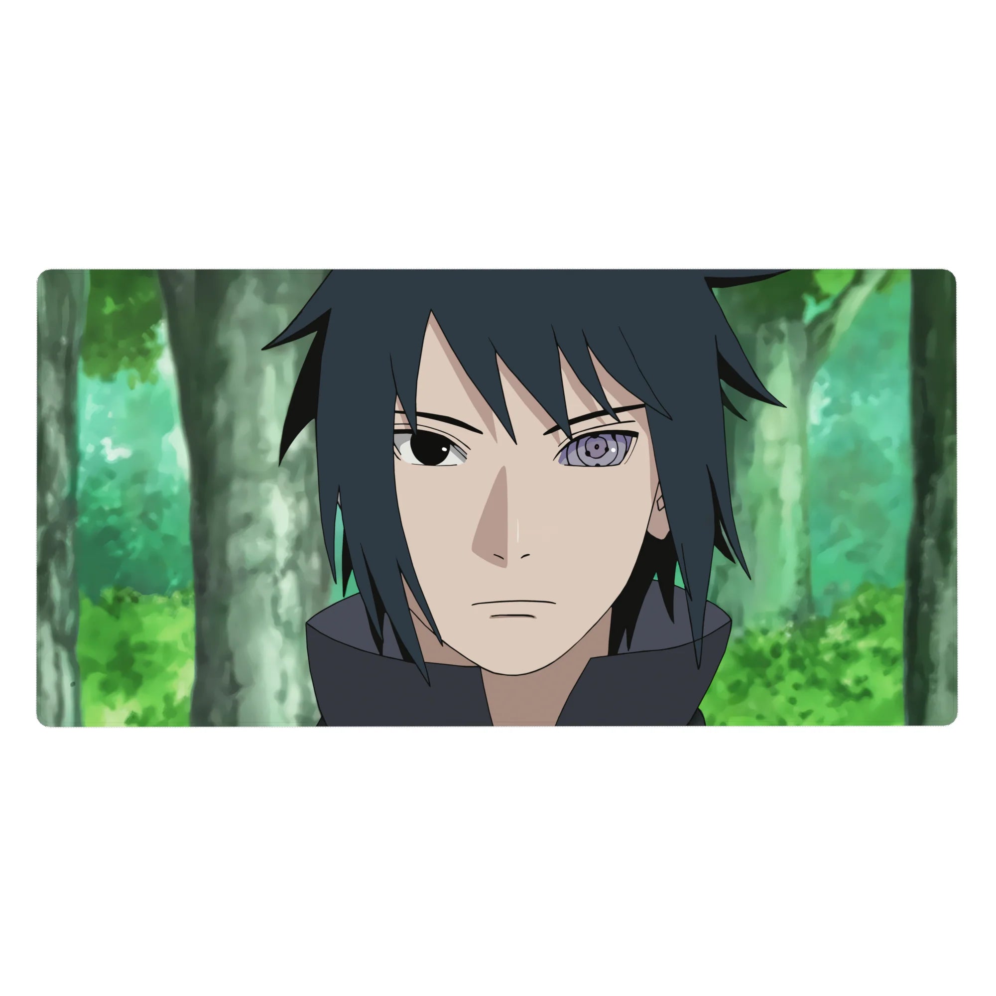 40x20 inches anime desk pad with Sasuke Uchiha, sharp linework and vivid Rinnegan eye.