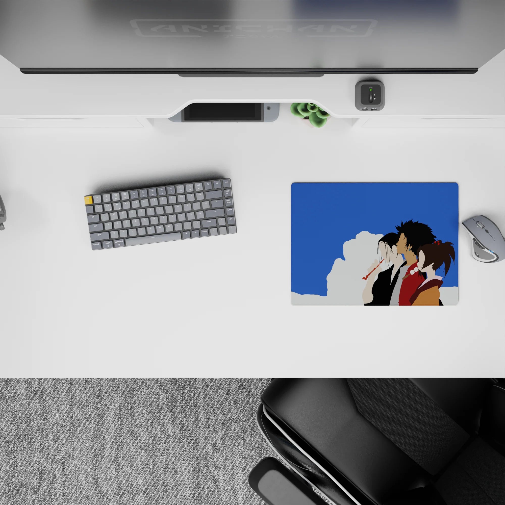 Samurai Champloo mouse pad featuring Mugen, Jin, and Fuu in a 14x10 inch design with minimalistic blue sky background.