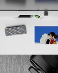 Samurai Champloo mouse pad featuring Mugen, Jin, and Fuu in a 14x10 inch design with minimalistic blue sky background.