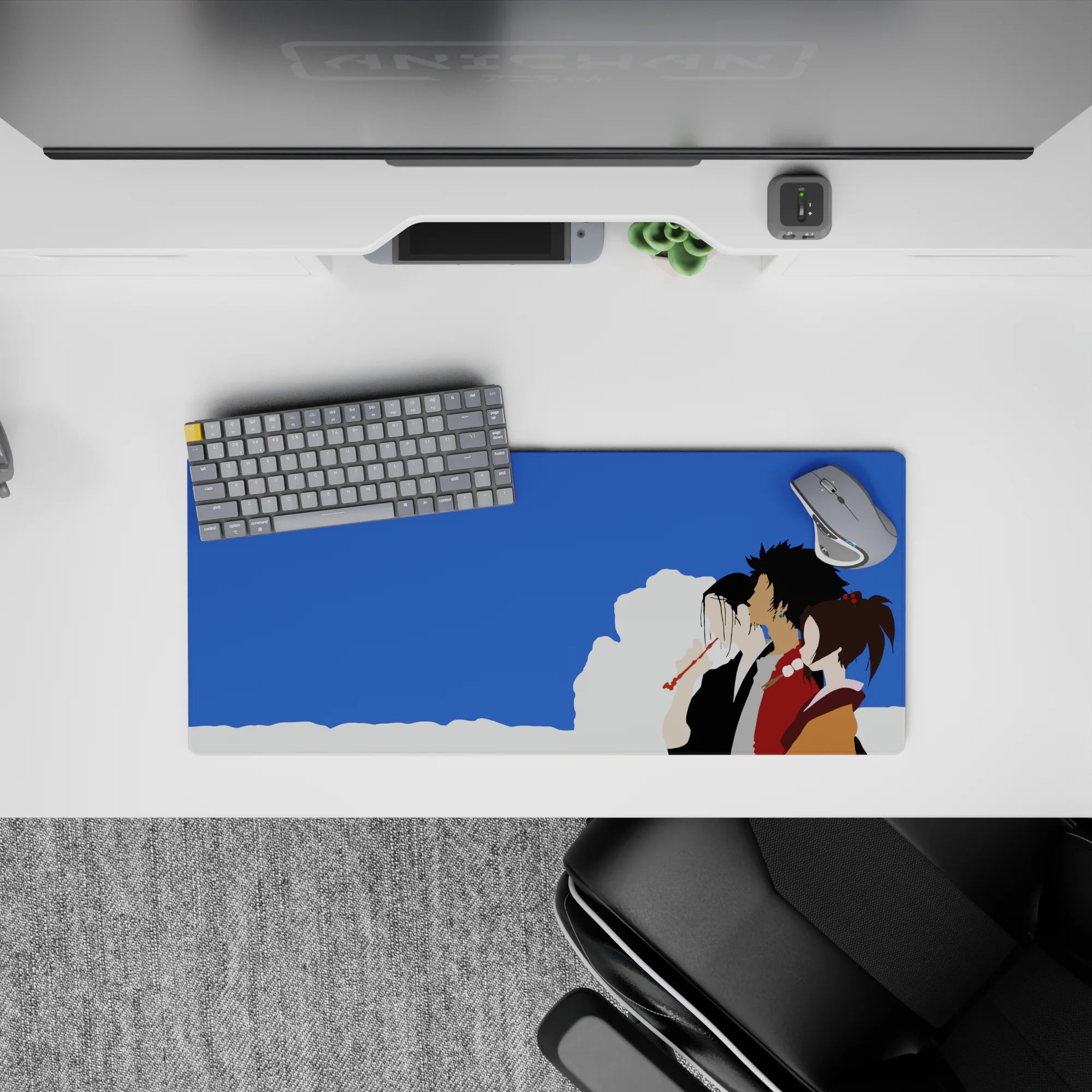 Samurai Champloo mouse pad 28x12 inches featuring Mugen, Jin, and Fuu under blue skies with minimalistic design.